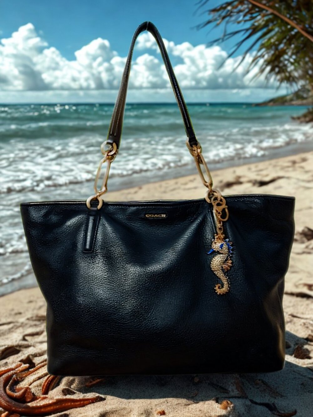 Coach Black Leather East West Madison Tote with Seahorse Charm